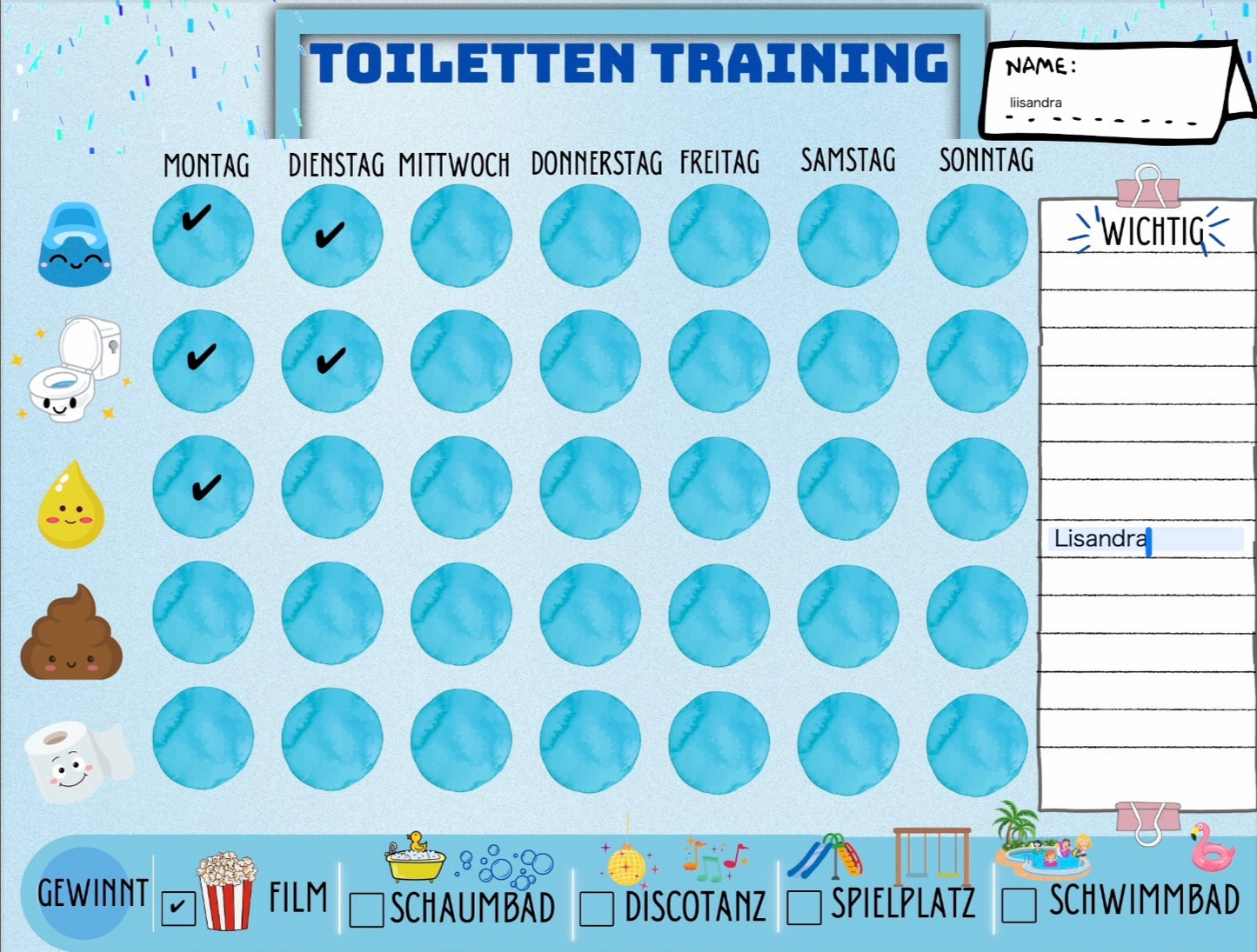 Töpfchentraining für Jungen Pottytraining/Toilleten training Wochenplan