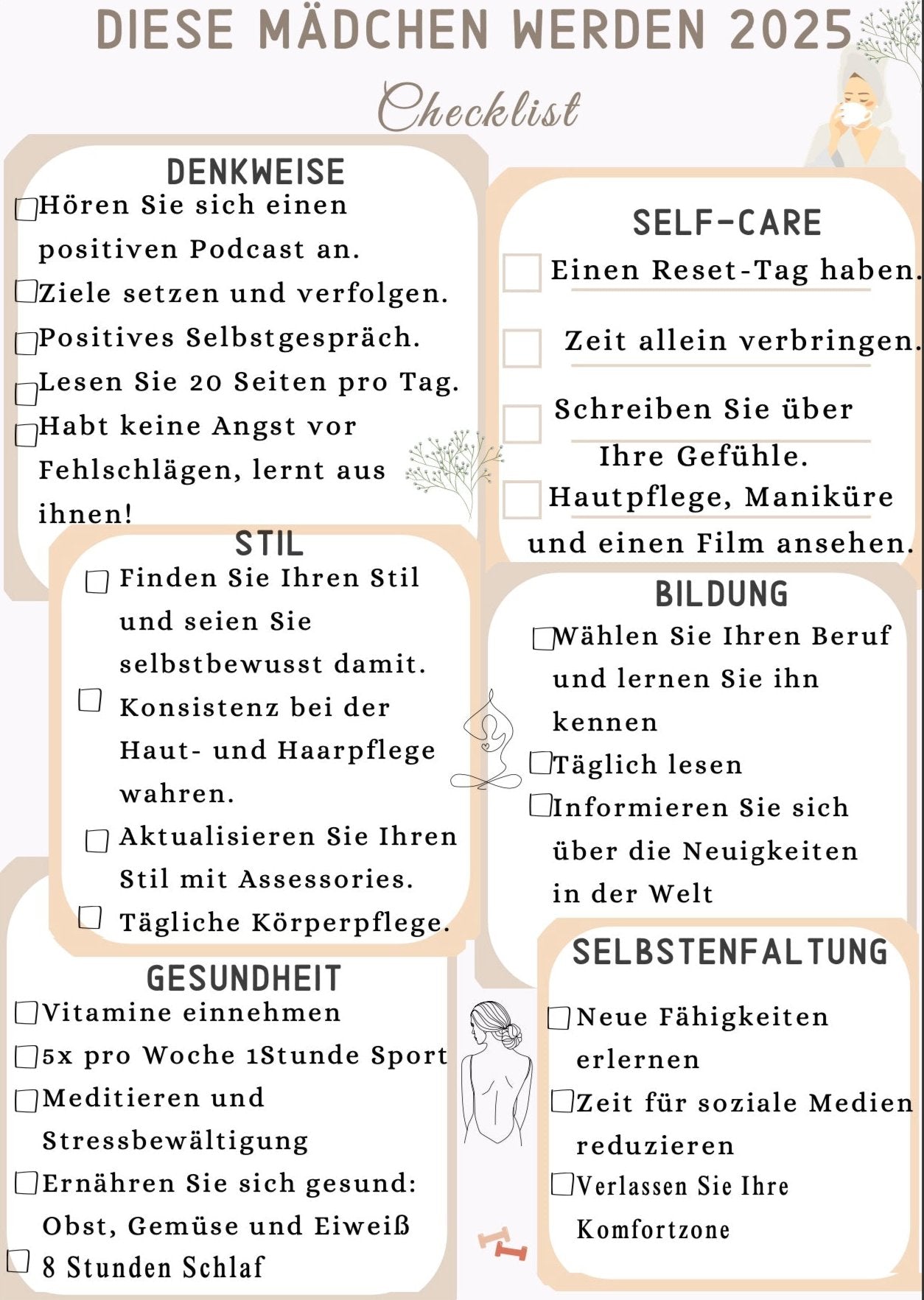 Mädchen Self-Care Checkliste