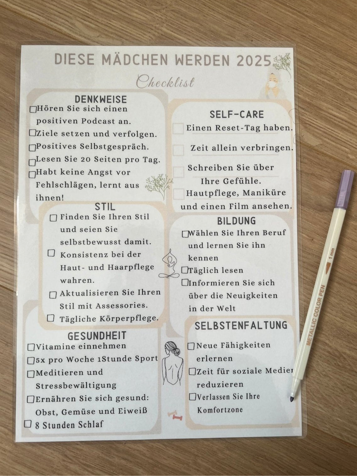 Mädchen Self-Care Checkliste